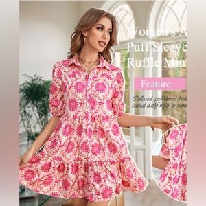 Orange and Pink Patterned Puff Sleeve Dress